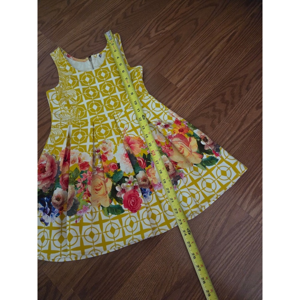 Girls Yellow Geometric Floral Sleeveless Pleated Fit and Flare Party Dress - Picture 3 of 8
